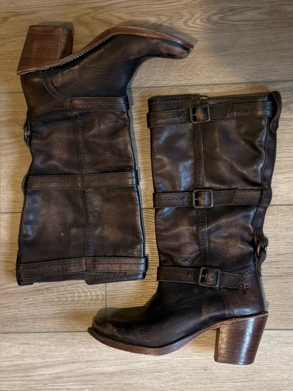 Frye Women's Dark Brown Distressed Leather Mid-Calf Carmen 3 Strap Boots - Picture 2 of 12